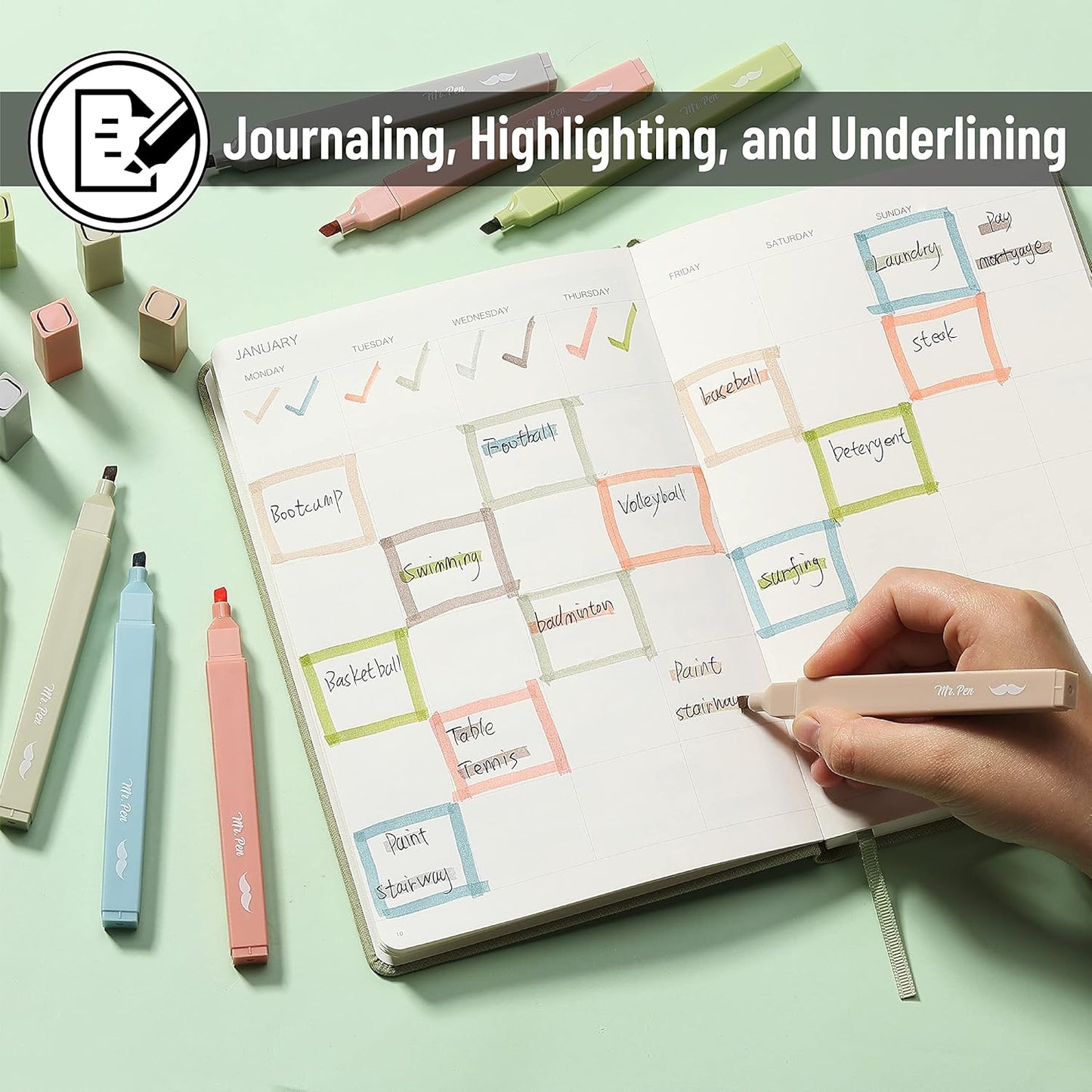 Mr. Pen- Aesthetic Highlighters, 8 pcs, Chisel Tip, Vintage Colors, No Bleed Bible Highlighter Pastel, Highlighters Assorted Colors, Pastel Highlighter Set, Cute Highlighter