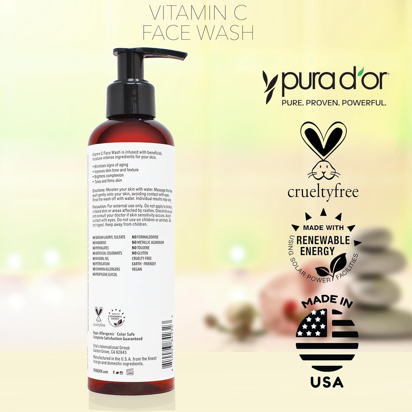 PURA D'OR Vitamin C Face Wash (8oz x3 = 24oz) Antioxidant Rich Facial Cleanser For Radiant Glow & Even Skin Tone - Gentle, Refreshing, Nurturing, Hydrating, Sulfate & Paraben Free Formula