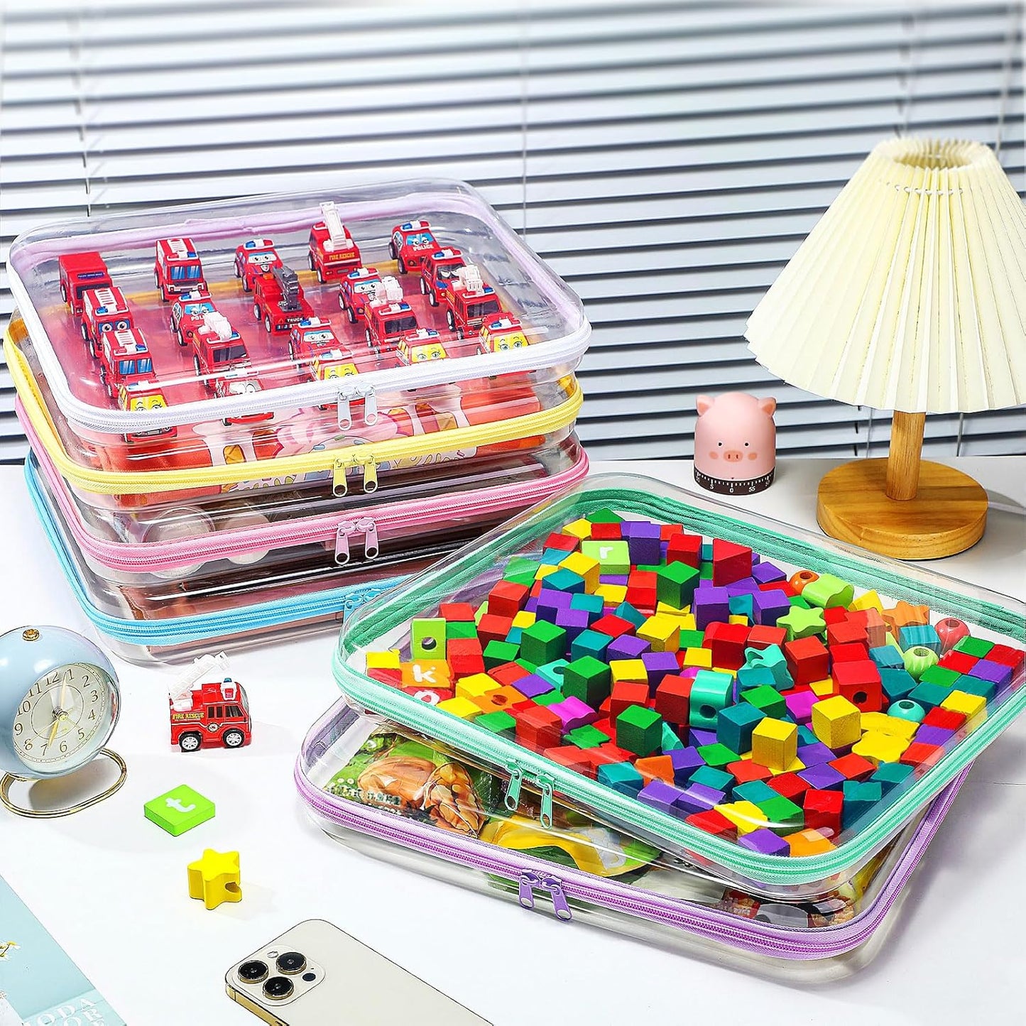 Sanwuta 6 Pcs Clear Hard Zipper Case Pencil Pouches Hard Plastic Zipper Pouches Makeup Bag Transparent Cases for Snacks Plastic Storage Organizer Box for Travel(Assorted Color,13.78 x 11.81 x 2 Inch)