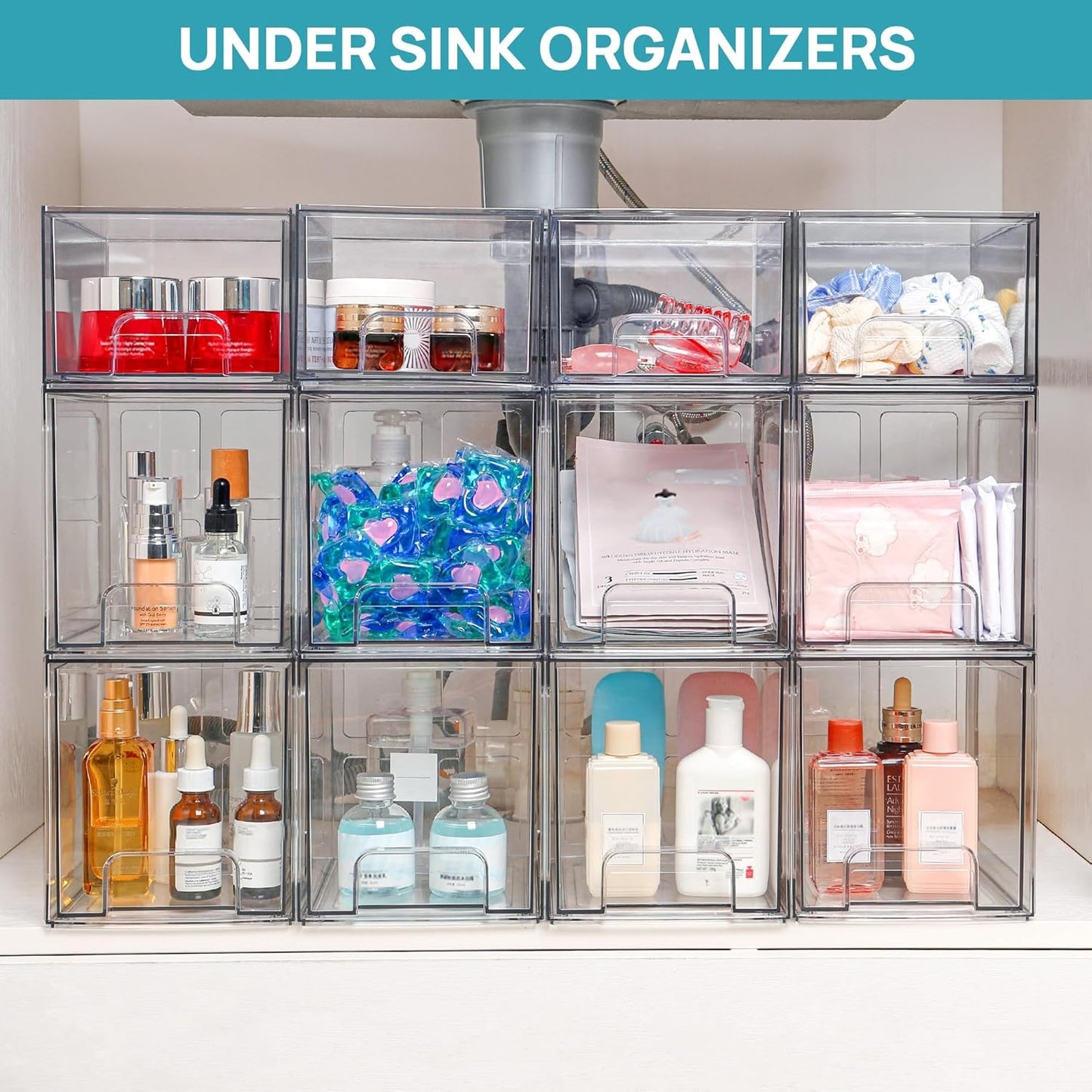 Vtopmart 8 Pack Stackable Under Sink Organizer Drawers, Clear Acrylic Storage Bins for Kitchen and Bathroom Cabinets, Baby Bottles, Cleaning Supplies, 6.6'' Tall Space-Saving Drawer System