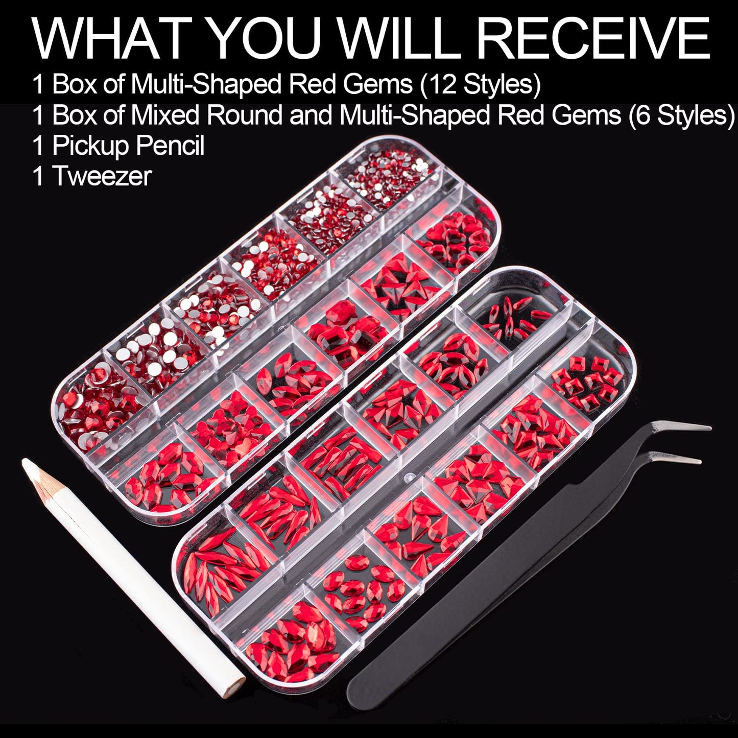 18 Styles Multi-Shaped Glass Gemstones for Nails and 6 Sizes Round Crystal Rhinestones Kit #3, Red Nail Art Charm Bead Manicure Decoration with Pickup Pencil and Tweezer