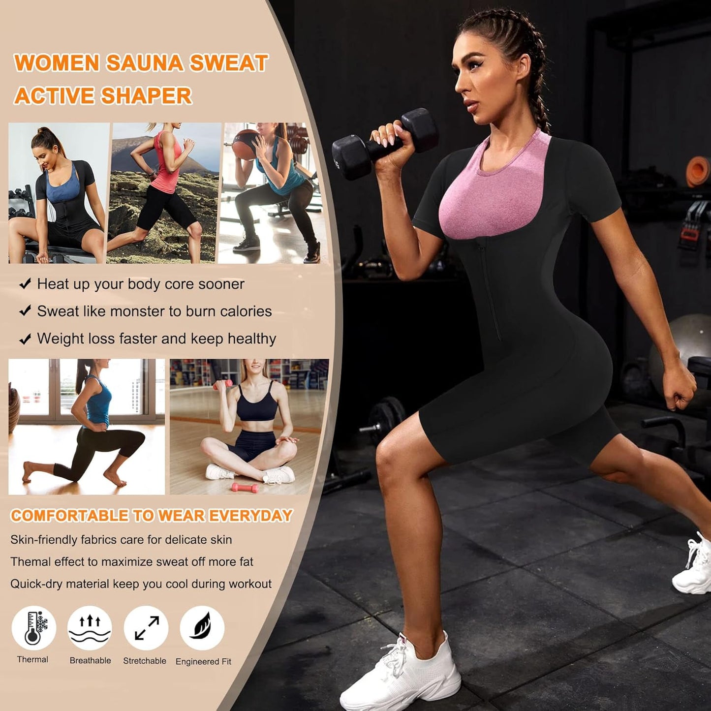 URSEXYLY Sauna Suit for Women Sweat Vest Waist Trainer 3 in 1 Slimming Full Body Shaper Workout Top with Sleeve Shorts