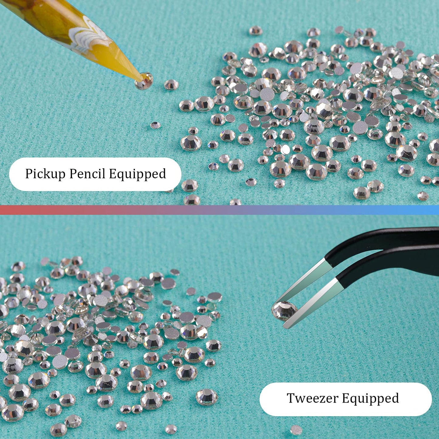 6 Sizes Transparent White Silver Glass Crystal Kit with Pickup Pen + Tweezer Tools for Shine Nail Art Manicure Makeup DIY Decoration Flatback Round Rhinestone Gem Jewelry Diamond