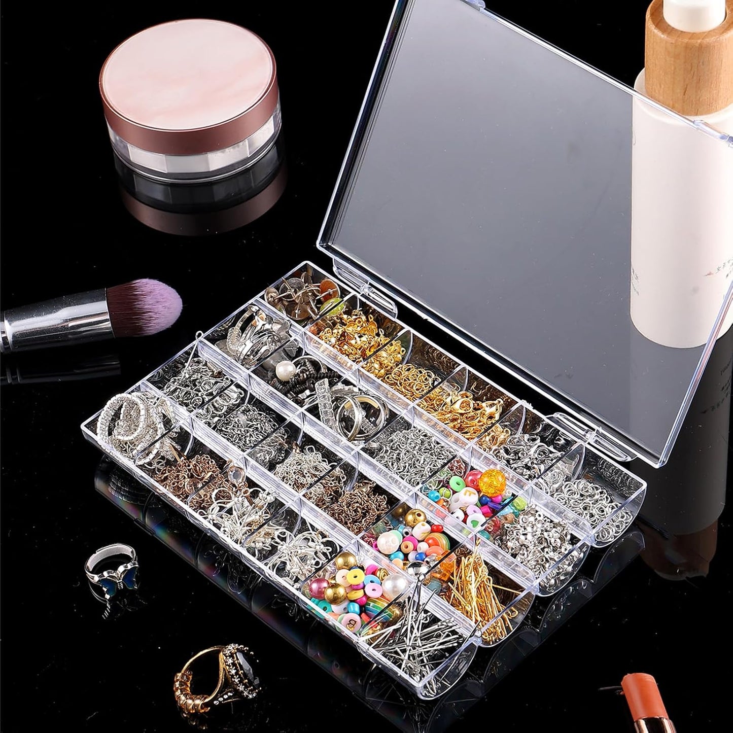 24 Grids Plastic Bead Organizer Box, Acrylic Jewelry Box Organizer Container Nail Rhinestone Display Case for Craft Beads Jewelry Small Parts Sewing Items (Clear)