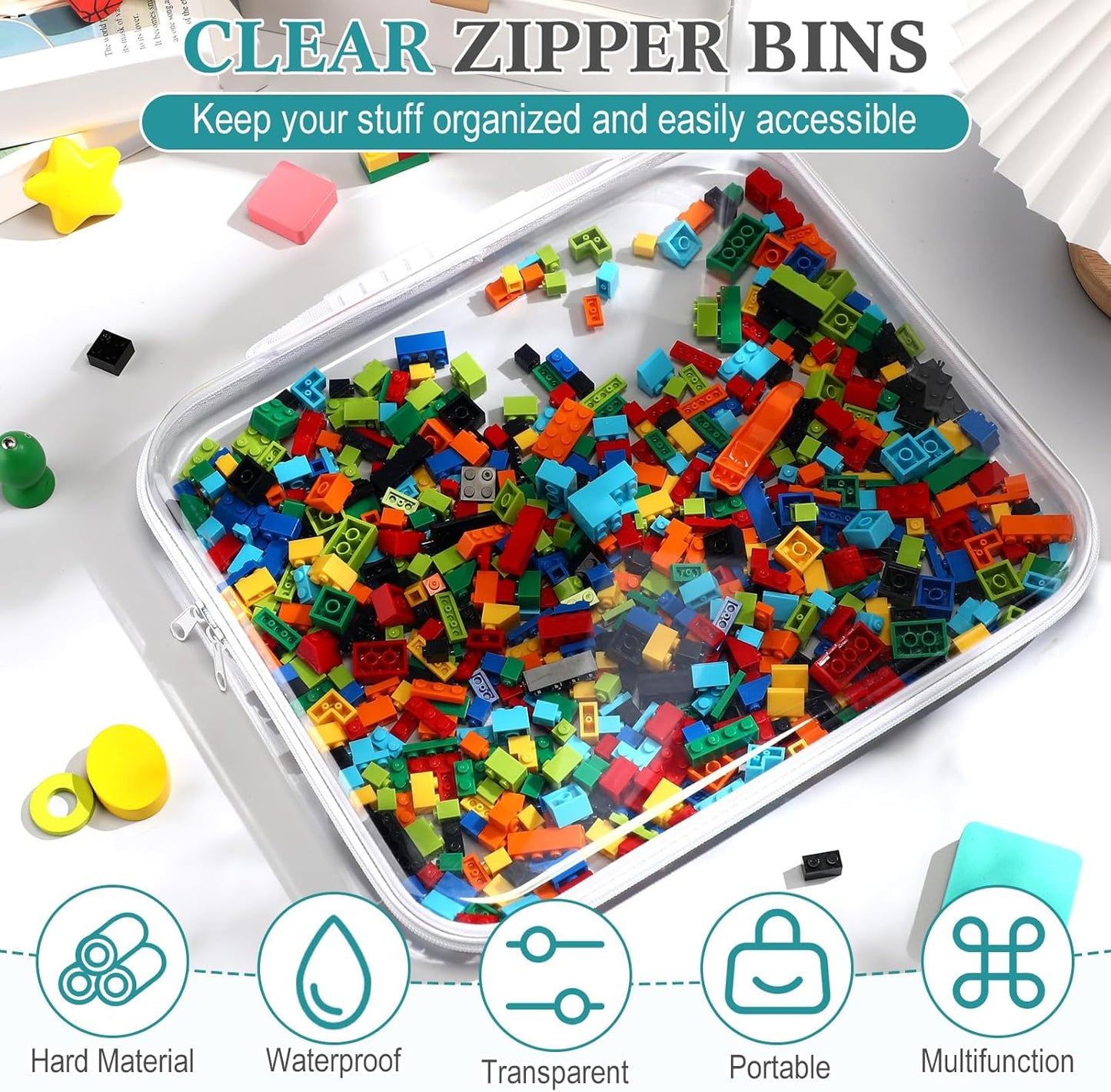 Sanwuta 4 Pcs Clear Hard Zipper Case with Handle Office Storage Cases Hard Plastic Pouches Transparent Bins for Toys, Snacks, Cosmetics, Building Blocks, Puzzles(13.8 x 11.8 x 2 Inches,White)