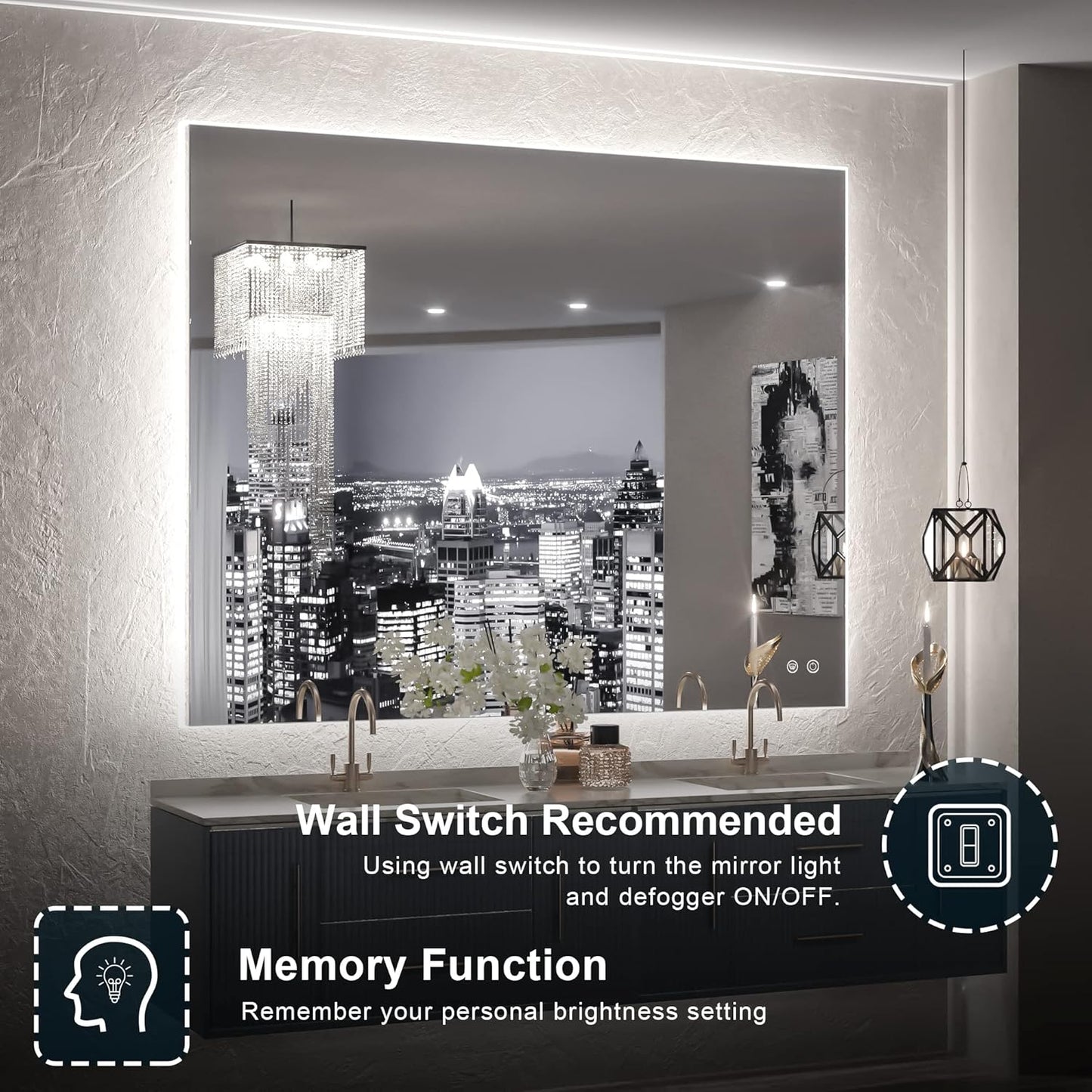 TETOTE 40 x 32 Inch LED Backlit Bathroom Vanity Mirror,Anti-Fog,Dimmable,CRI90+,Touch Button,Water Proof,Horizontal/Vertical Wall Mounted with Light