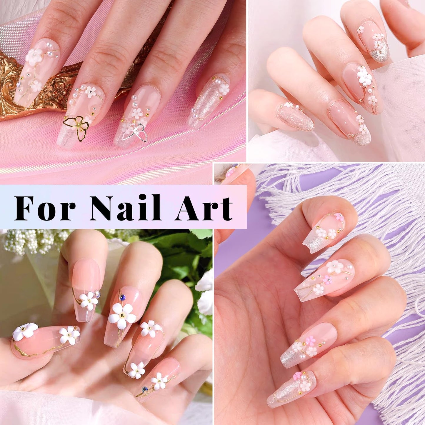 3D Flowers Manicure Gems with Nail Rhinestone Glue Gel, White Pink Acrylic Flower Charms Caviar Beads, Rhinestones for Nails Gem (UV/LED Needed) Dotting Tools