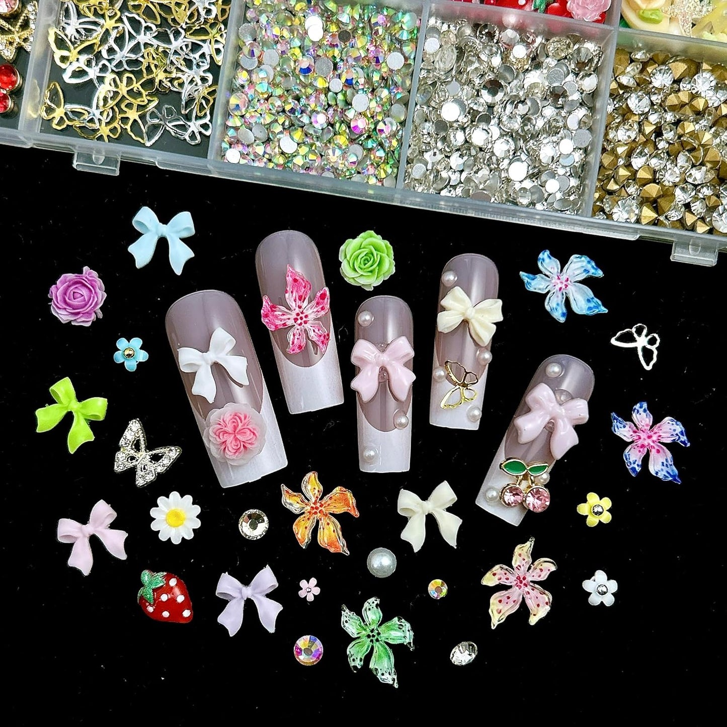 Flower Bow Nail Charms and Gems, 3D Resin Blossom Petals with Caviar Beads Charms for Nails Design,Flatback Pearl Charms Cherry Butterfly Rhinestone Nail Charms for Manicure DIY