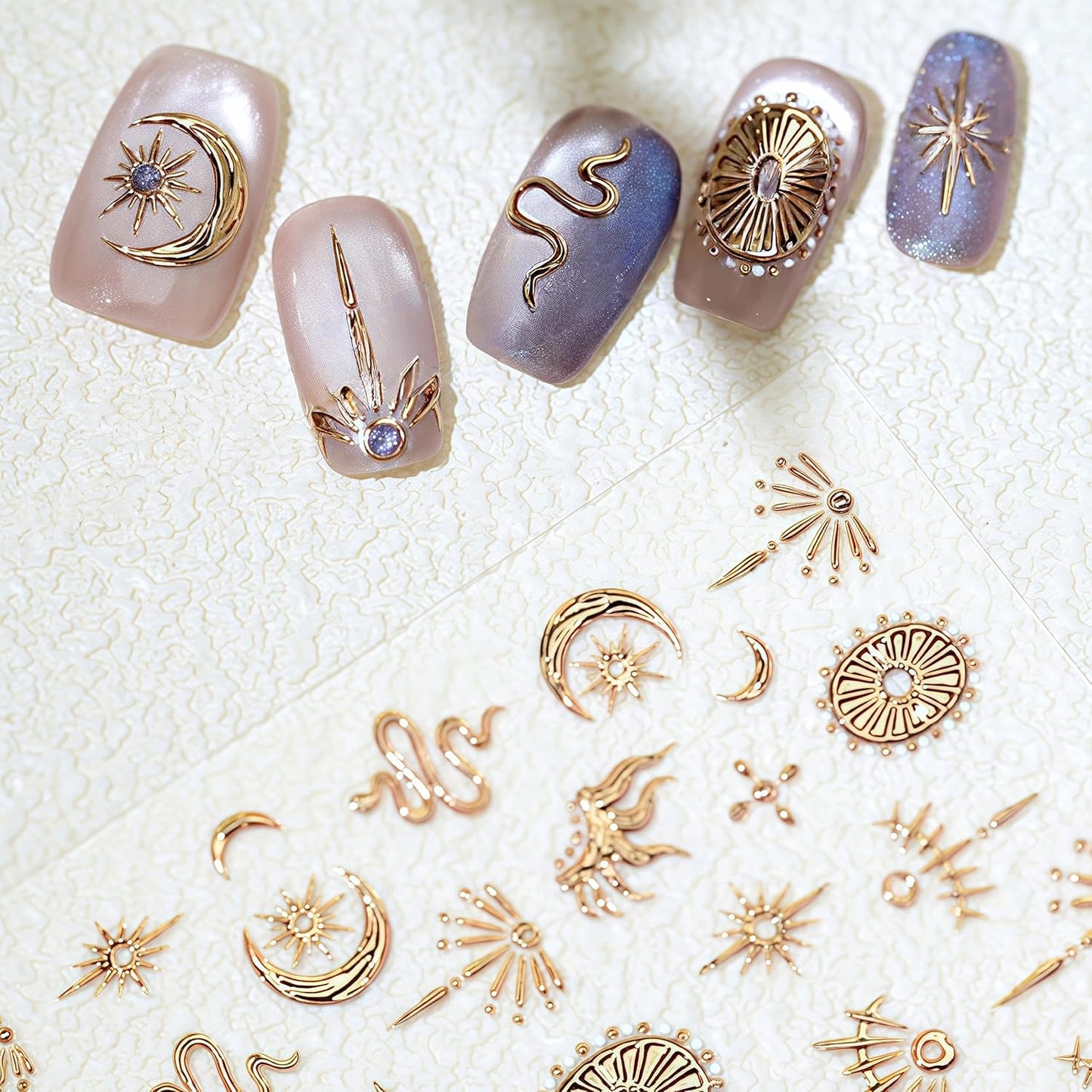 2 Sheets 5D Gold Star Nail Stickers for Nail Art Gold Silver Snake Nail Decals 5D Self-Adhesive Embossed Bronzing Stars Moon Nail Supplies Flame Retro Exquisite Nails Design for Women DIY Nail Decor