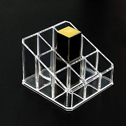 Acrylic Makeup Organizer Cosmetic Storage Display Case Makeup Brush Holder Organizer Lipstick Dispenser Canister Bathroom Container (3.5 x 3.5 x 2.6 in, 9 Partitions, Transparent)
