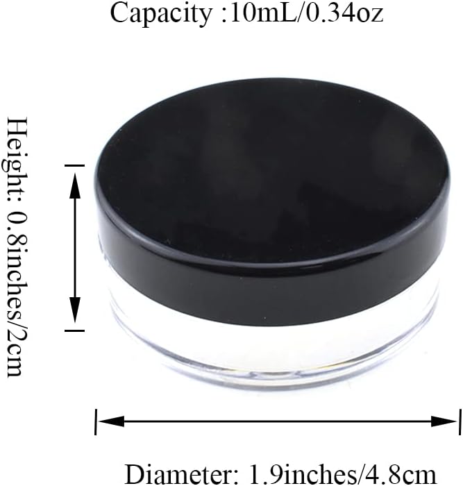 HAHIYO 4pcs 10ml/0.34oz Plastic Empty Travel Compact Case Makeup Cosmetic Jar Refillable Powder Box No Leak Holder with Common Sifter and Black Screw Lid