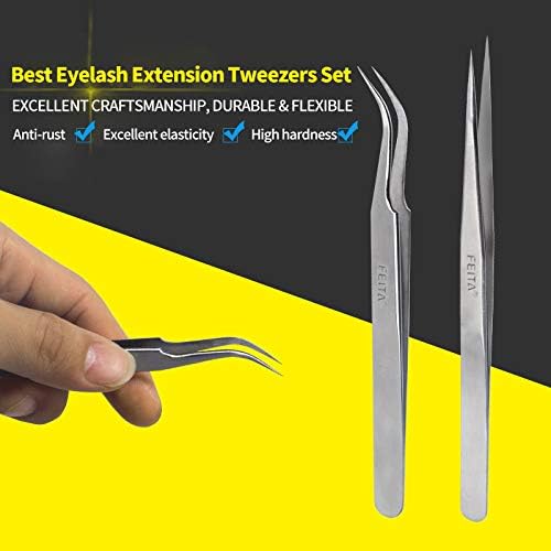 Best Eyelash Extension Tweezer Set - FEITA Pro Straight & Curved Pointy Precision Fine Tip Tweezers for Lash Extensions - Silver - 2Pcs