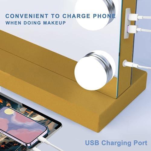 Gold Hollywood Vanity Mirror with Lights, 15 Dimmable Bulbs, 3 Color Lights,Make Up Lighted Mirror, Aluminum Metal Frame, USB Charging Port（23" x 18"）