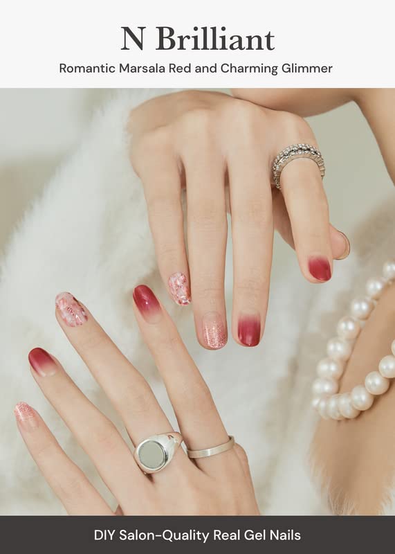 ohora Semi Cured Gel Nail Strips (N Brilliant) - Red, Patterned, Works with Any UV/LED Lamps, Salon-Quality, Long Lasting, Easy to Apply & Remove - Includes 2 Prep Pads, Nail File & Wooden Stick