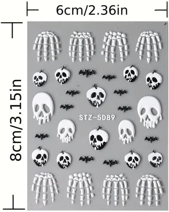 2 Pcs Halloween Nail Art Stickers 5D Embossed Scary Skull Self-Adhesive Nail Decals Halloween Stickers Bat Bones of The Dead Designs Nail Decorations Holiday DIY Acrylic Nail Accessories for Women