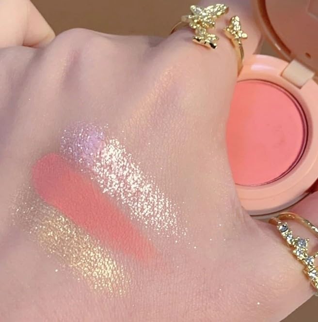 3-in-1 Blendable Trio, Eyeshadow, Blush and Highlight Makeup Palette, Silky Smooth Powder Blush, Shimmer Eyeshadow & Highlighter Makeup Palette with Mirror - Pink & Nude