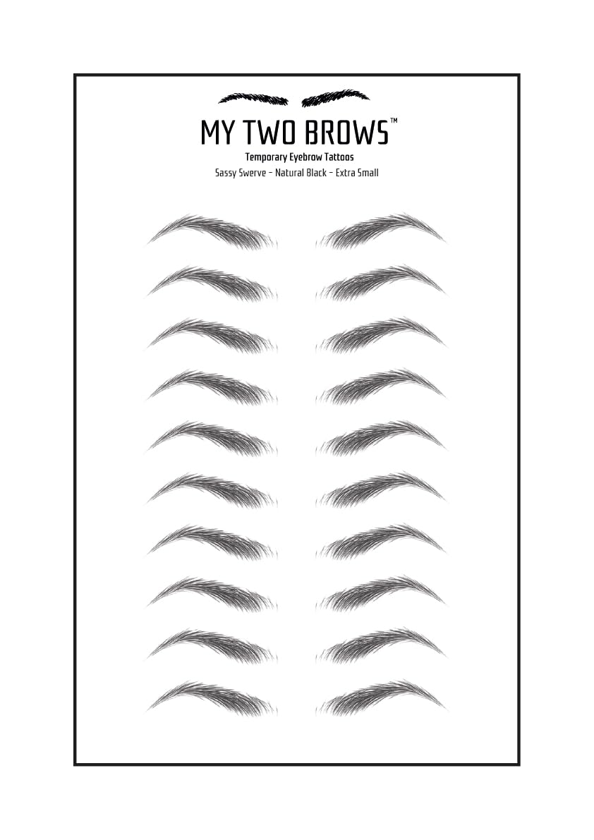 (10 pairs) Natural Black Temporary Eyebrow Tattoo - Extra Small Size - Waterproof & Smudgeproof - Sassy Swerve Style Eyebrow Stickers - Sheet Lasts up to 30 Days - Won't Work on Existing Brows
