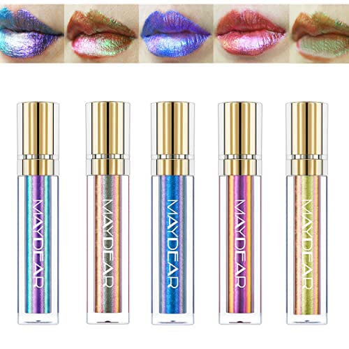 Maydear Chameleon Lipstick 5 Colors Set, Long Lasting Waterproof Colourful Diamond Shimmer Lip Gloss for Women Girls Makeup kit