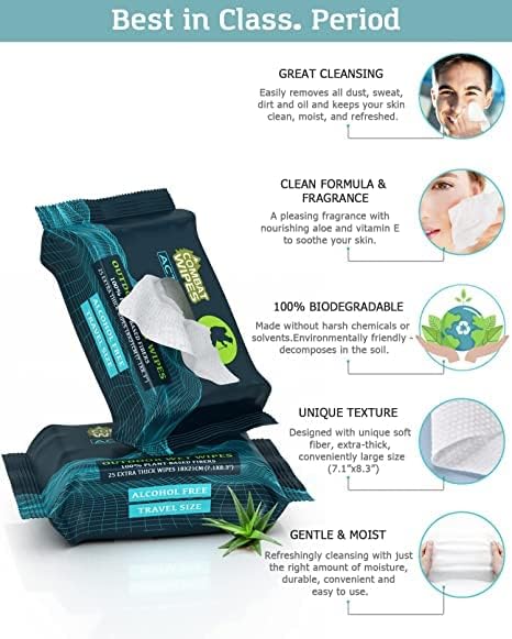 Combat Wipes ACTIVE Outdoor Wet Wipes - Extra Thick Camping Gear, Biodegradable, Body & Hand Cleansing/Refreshing Cloths for Backpacking & Gym w/Natural Aloe & Vitamin E (Active, 75 Counts)