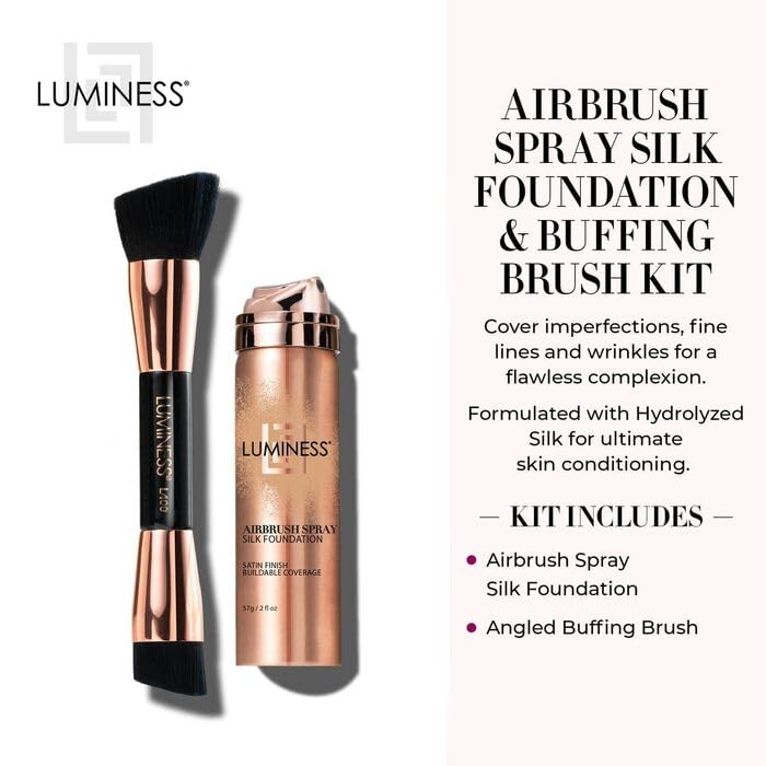 LUMINESS Silk Airbrush Spray Foundation & Buffing Brush Kit – Full Coverage Foundation & Dual-Sided Buffing Brush - Buildable Coverage, Anti-Aging Formula Hydrates & Moisturizes (Shade - Light Tan)