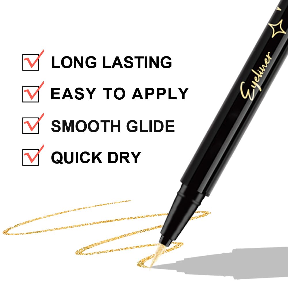 evpct 1Pcs Gold Liquid Eyeliner Makeup, Gold Glitter Metallic Shimmer Colored Eyeliner Liquid Eye Liner Eyeshadow Pencil Face Body Glitter Makeup, Longwear Waterproof, Fake Eyelashe Mascara Accessorie