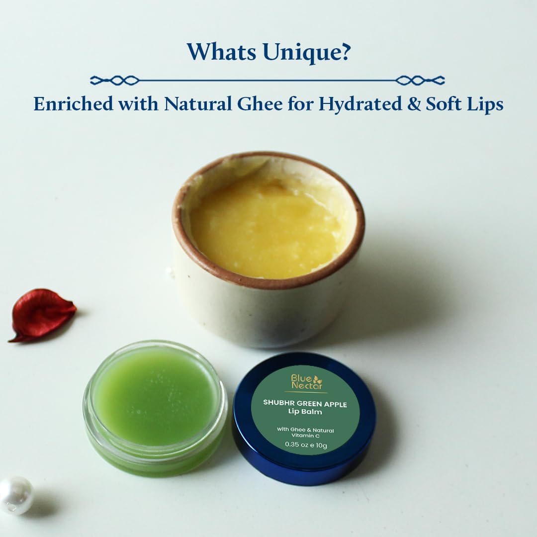 Blue Nectar Herbal Ayurvedic Lip Balm with Green Apple Vitamin C & Organic Ghee for Dry Lips | Hydrating Lip Gloss with Clean Ingredients (0.35 oz, 10 herbs)