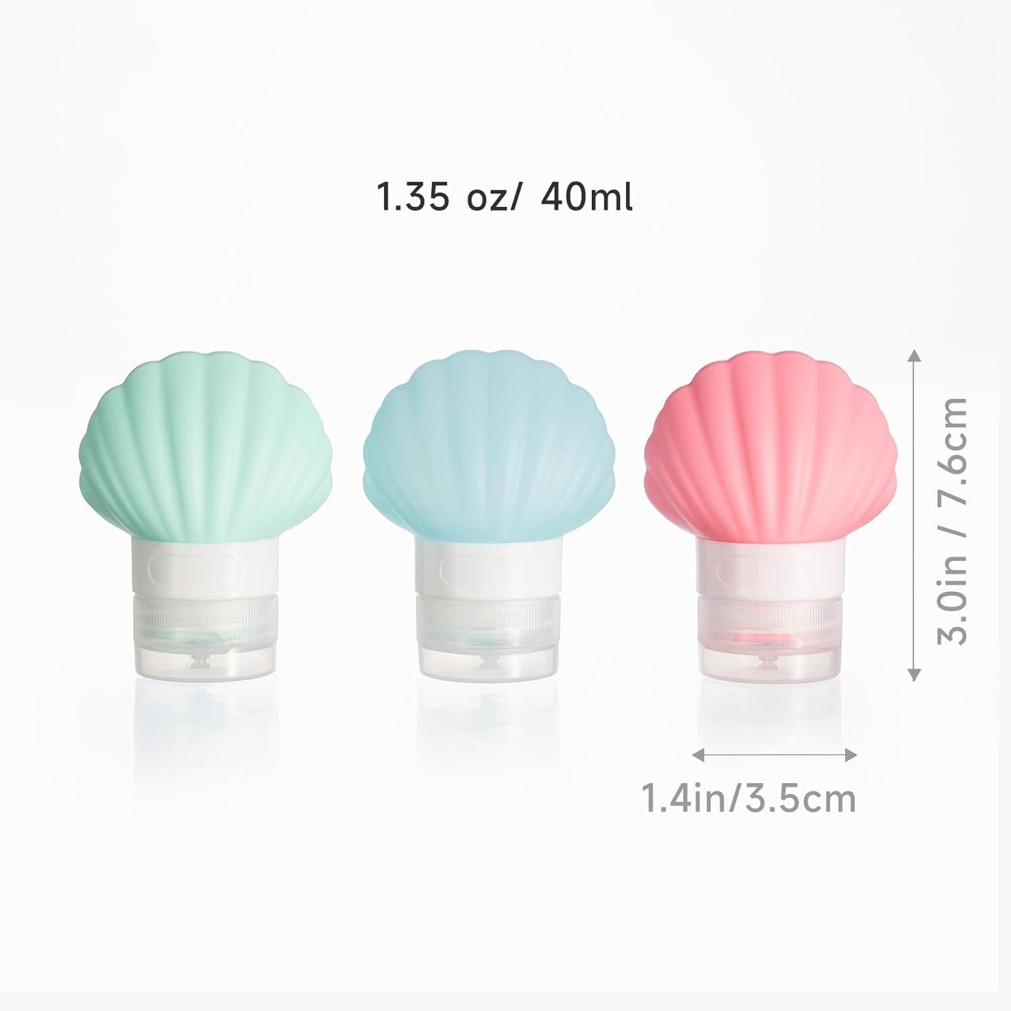 Leak Proof Squeezable Silicone Travel Bottles, Reusable, Refillable Bottles, Shell Shape, Sustainable, TSA Carry On Approved Toiletries Containers, 3pcs (1.35oz/40ml)