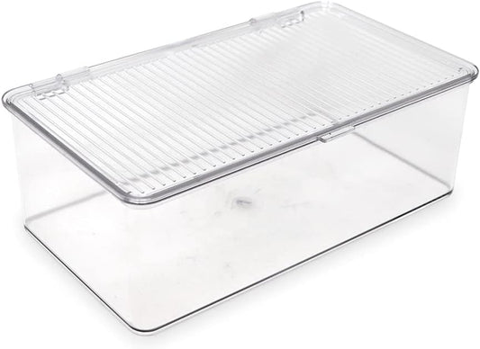 Isaac Jacobs Medium Stackable Organizer Bin (10.75”x6.5”x3.7”) w/ Hinged Lid, Clear Storage Box, Home, Office, School, Fridge, Bathroom, Kitchen, Pantry Container, BPA-Free, Food Safe (Medium, Clear)
