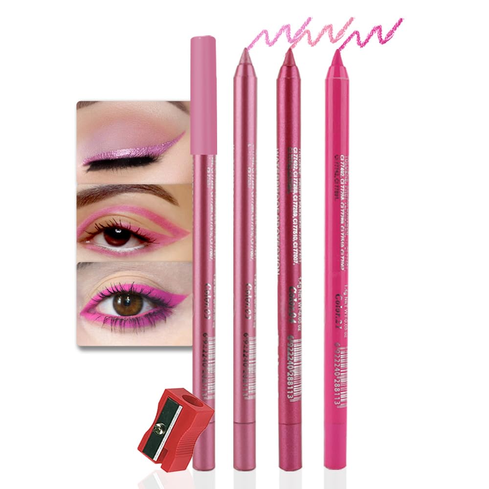 evpct 3Pcs Shimmer Pink & Shimmer Peach Red & Rose Red Gel Glitter Eyeliner Pencils Set for Women Waterproof Smudge Proof lapiz de ojos delineador de ojos contra el agua Eye Liner Makeup 03 04 21