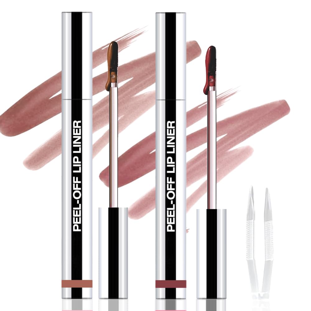 2Pcs Peel Off Matte Liquid Lip Gloss Stain-Lip Liner with Tweezer, Peel Off Lip Stain, Long Lasting & Waterproof Lipstick Tattoo, Transfer-Proof Lip Gloss for All Skin Types (02#+03#, 2Pcs)