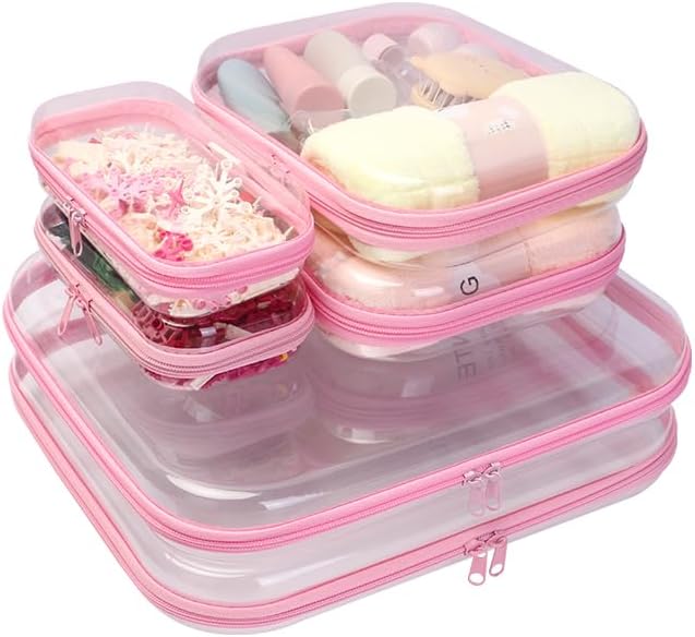 3PCS Clear Zipper Cases, Portable Clear Organizer Pouches for Travel, Double Zippered Hard Shell Plastic Case, Cosmetic Bag for Make Up Tools, Toiletries, Toy Storage (Pink, 2 Pack)