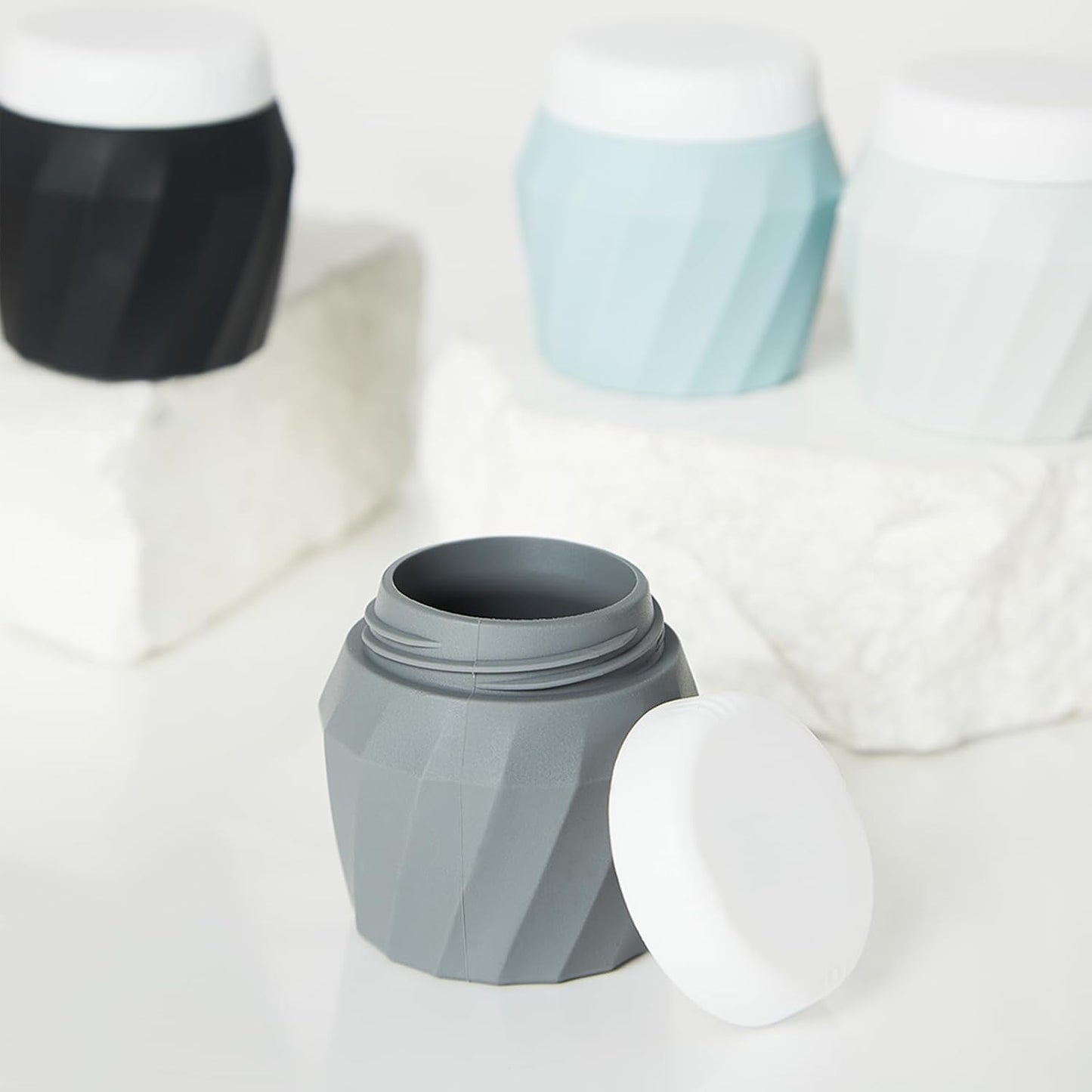 Travel Containers for Toiletries, Premium Silicone Cosmetic Cream Jars, TSA Approved Leak-Proof Refillable Travel Size Toiletries with Clear Bag for Cosmetic Face Body Cream (Gray, 1.7OZ)