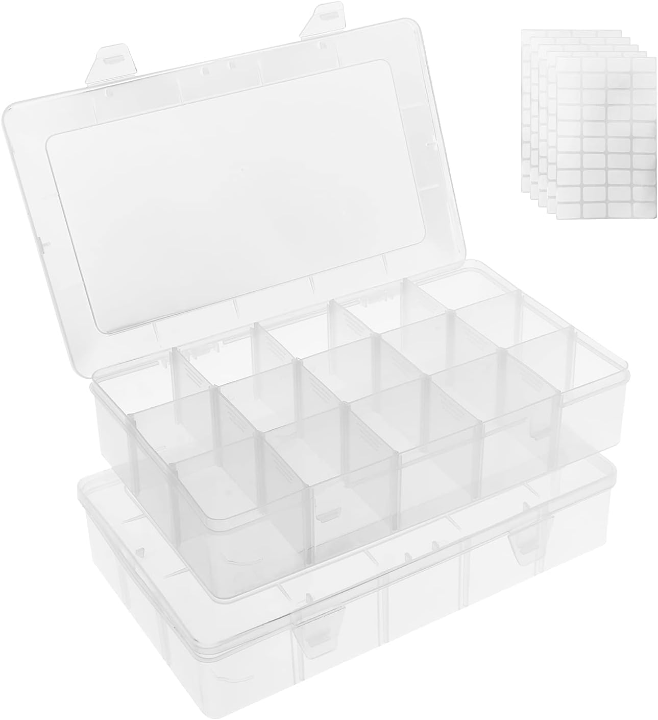 2 Pack 15 Grids Clear Plastic Organizer Box with Adjustable Dividers, Craft Storage Containers for Jewelry, Beads, Screws, Tackle Box, Washi Tapes, Small Parts Organizer for Arts and Crafts