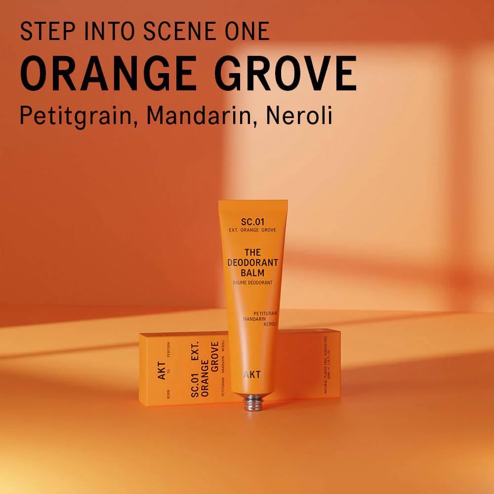 Akt, THE DEODORANT BALM. Award winning, multi-use, natural deodorant. Plastic Free. Gender Free. Aluminium Free. 100% effective — 1 tube lasts up to 3 months. SC.01 ORANGE GROVE. 50ml/1.76 FL.OZ