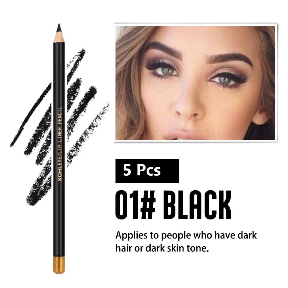 5Pcs Wooden Hard-Core Eyebrow Pencils for Women, Black Eyebrow and Eyeliner Pencil, Long Lasting Waterproof and Sweat-Proof, Beginner Makeup Brow Pencil, Create a Natural Eye Brow Makeup