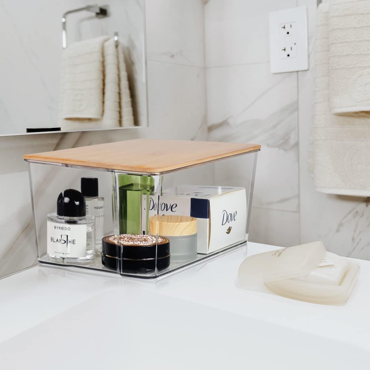 Hudgan 4 Pack Clear Plastic Storage Bins with Bamboo Lids, Stackable Storage Containers for Organizing Medicine Cabinet Organizer, Craft Room, Bread Box