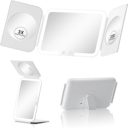 Trifold Travel Lighted Makeup Mirror, 5000mAh Rechargeable Light Up Magnifying Mirrors 1X/3X/10X, 3 Color Lighting&Stepless Dimming, Ultra Bright and Multi-Angle Adjustment