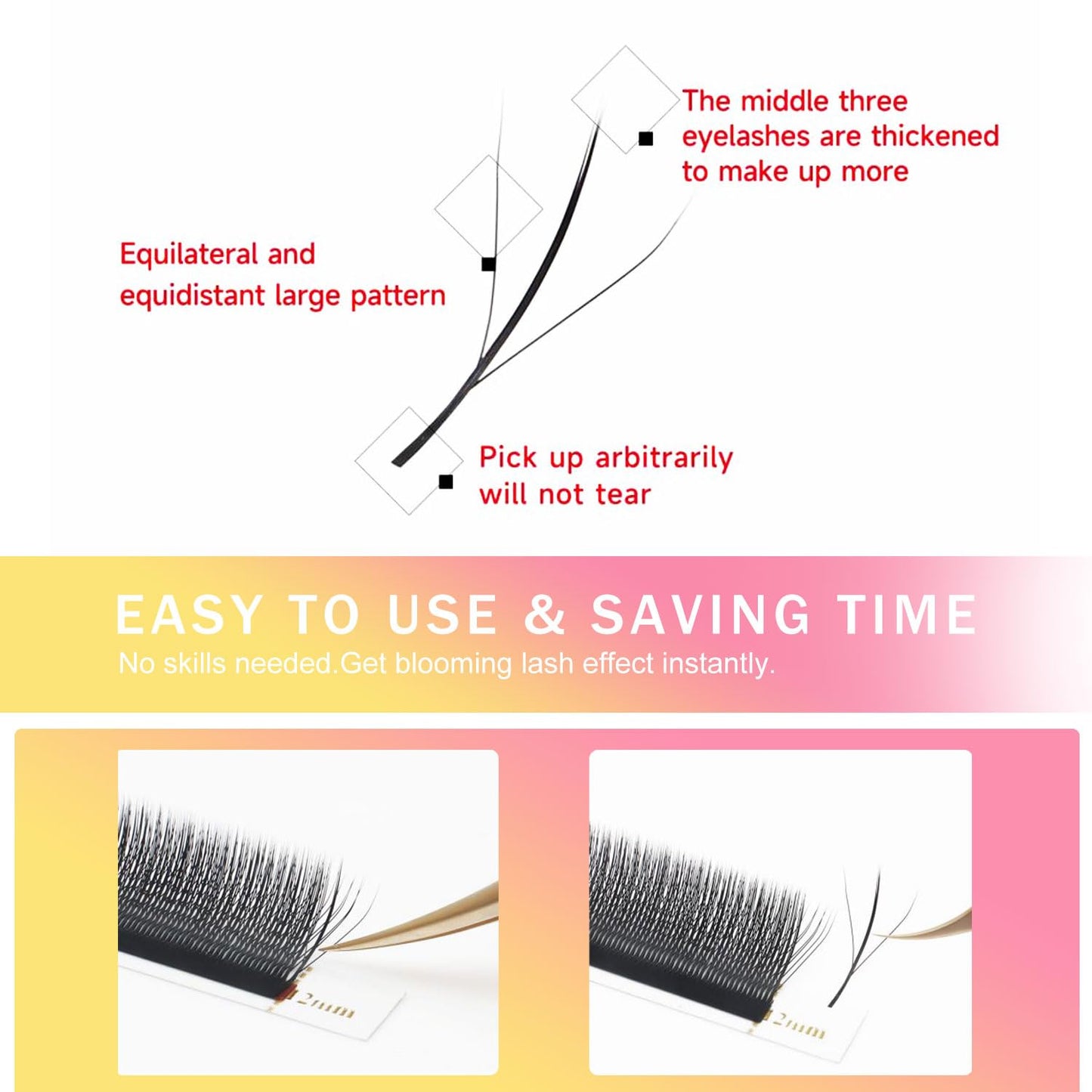 Lash Extensions Three Core Tips 3D Eyelash Extensions W Shape 0.07mm Thickness C Curl 13mm Premade Fans Easy Fan Volume Lashes Matte Black Crisscross(W-3D-Three Core-0.07-C,13mm)