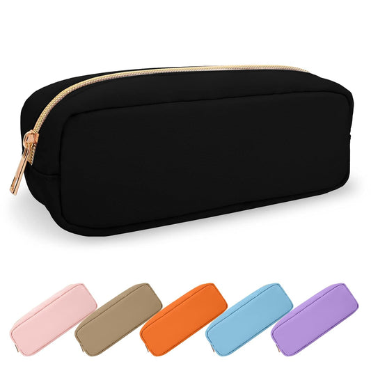 Waterproof Small Pencil Case Makeup Bag for Purse,Cute Pencil Pouch Preppy Nylon Makeup Brush Holder with Zipper,Girls Portable Storage Case Small Pen Bag for Office(Slim-Black)