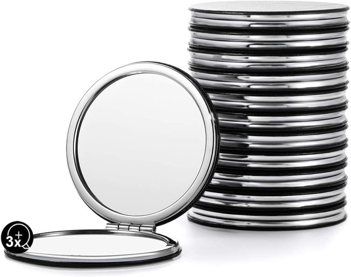 Compact Mirror Bulk, Set of 12 Round Double-Sided 1X/3X Magnification PU Leather (Black, 2.8")