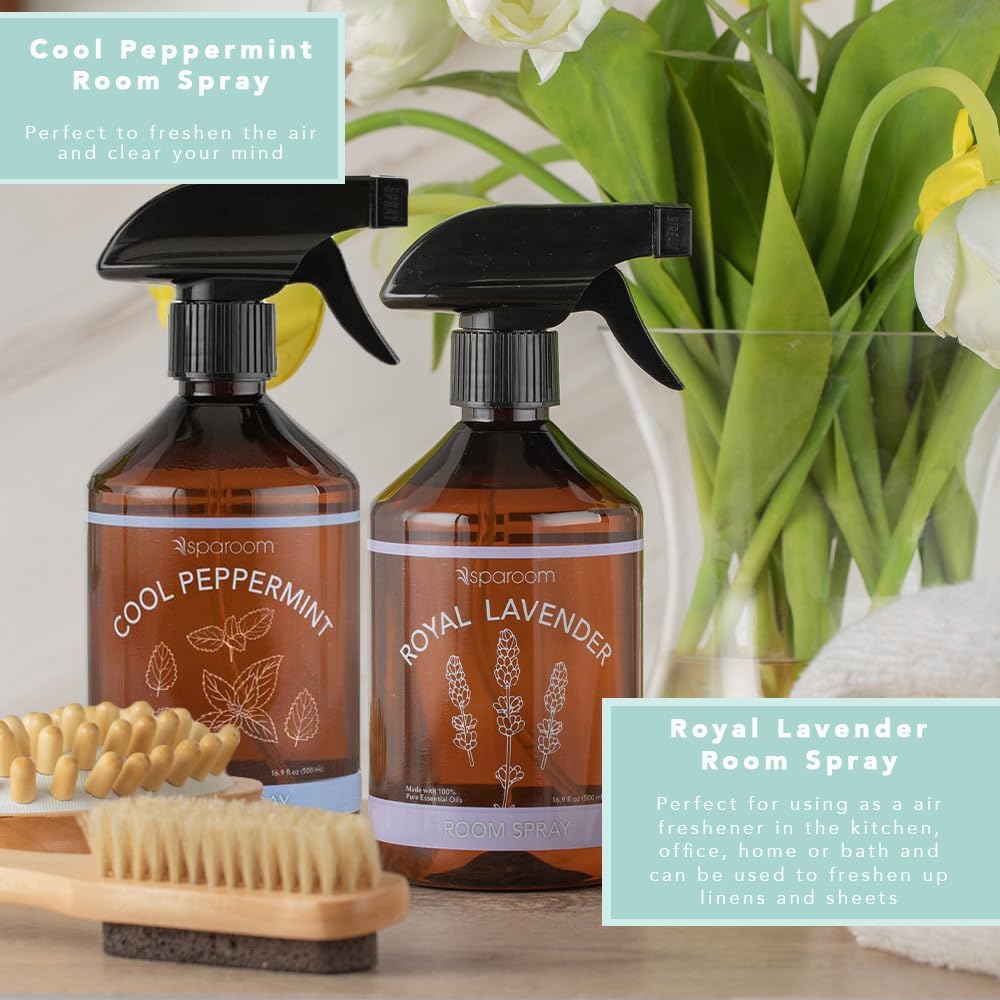 SpaRoom Linen Spray 2-Pack Combo – Cool Peppermint & Royal Lavender Aromatherapy Set with Essential Oils, Mist for Bedding, Linens, and Home – 2 x 16.9 oz Variety Pack