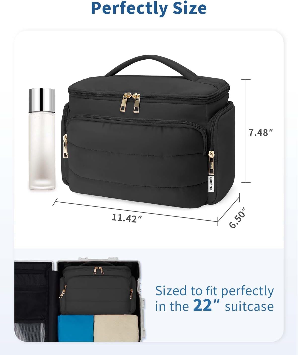 WANDF Travel Toiletry Bag for Women, Wide-open Large Makeup Bag with Handle, Puffy Makeup Organizer for Toiletries, Cosmetics, Accessories, Essentials (Black)