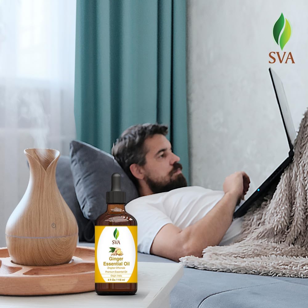 SVA Ginger Essential Oil – 4 Fl Oz – 100% Natural Ginger Oil - for Diffuser, Hair Care, Face, Skin Care, Aromatherapy, Scalp and Body Massage, Soap and Candle Making – with Dropper