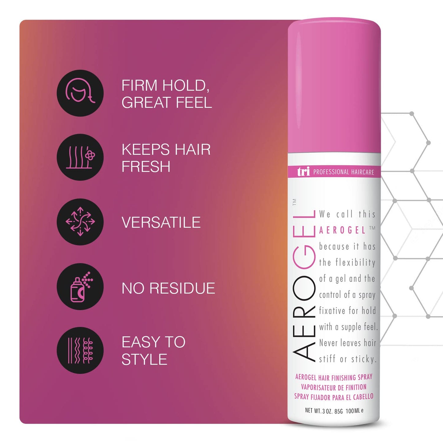 TRIDESIGN Aerogel Hairspray - Strong Hold Hair Finishing Spray for Volumizing & Control, Flexible Styling for All Hair Types, Non-Sticky and Scented - For Women and Men - Travel Size Pack of 2 (3 Oz)