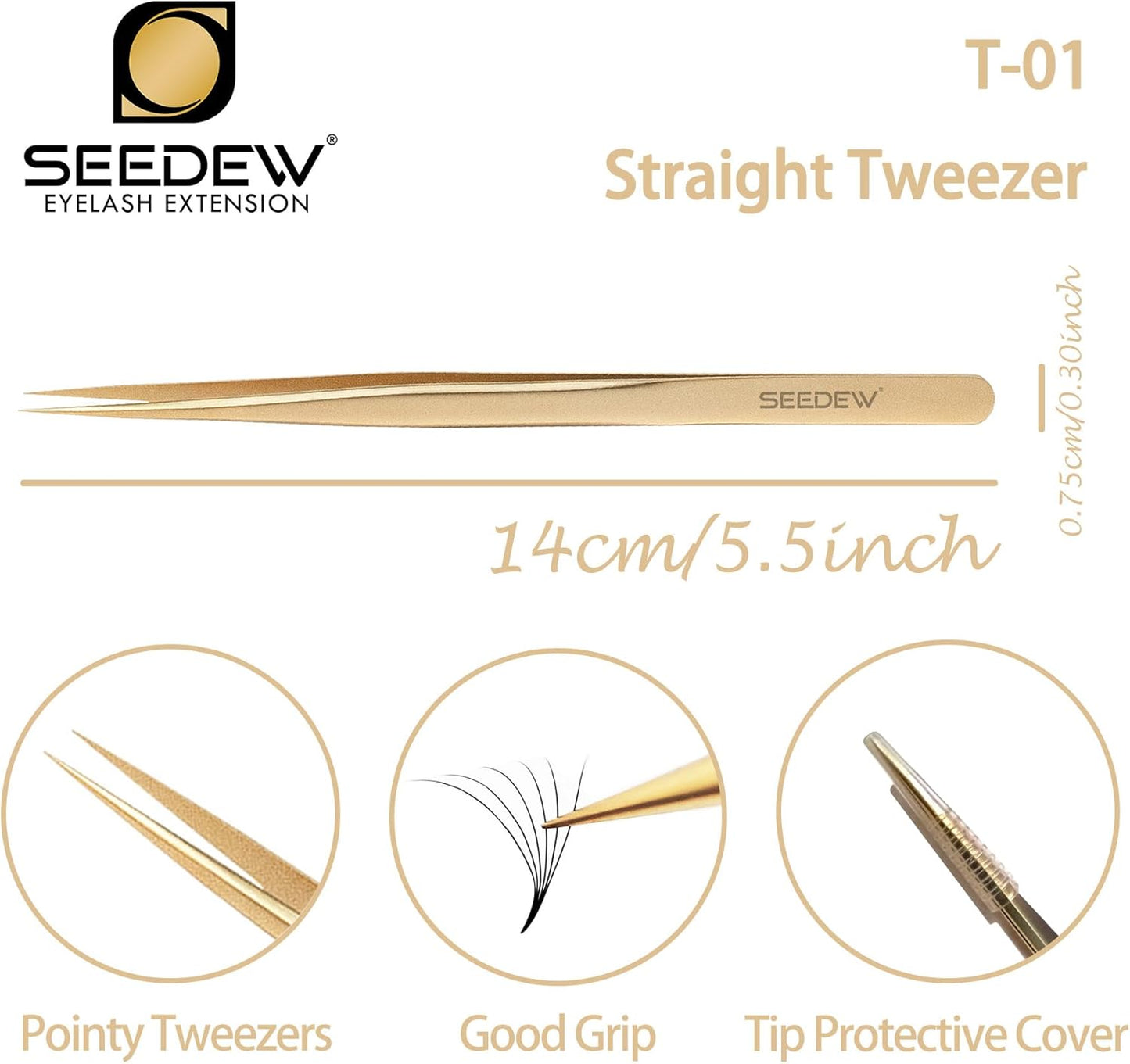 Tweezer Eyelash Extensions 1 PCS Stainless Steel Straight Pointy Tweezer Isolation Professional Precision Supplies False Lash Application Tools for Lash Tech, Lash Artist Beginner(Golden)