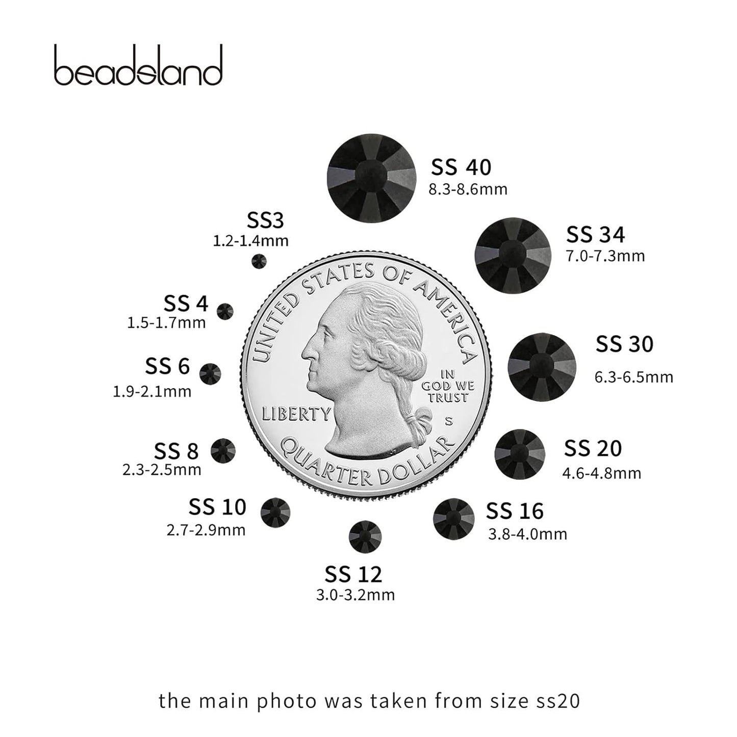 beadsland Flat Back Crystal Rhinestones Round Gems, Black (4.6-4.8mm) SS20/1440pcs