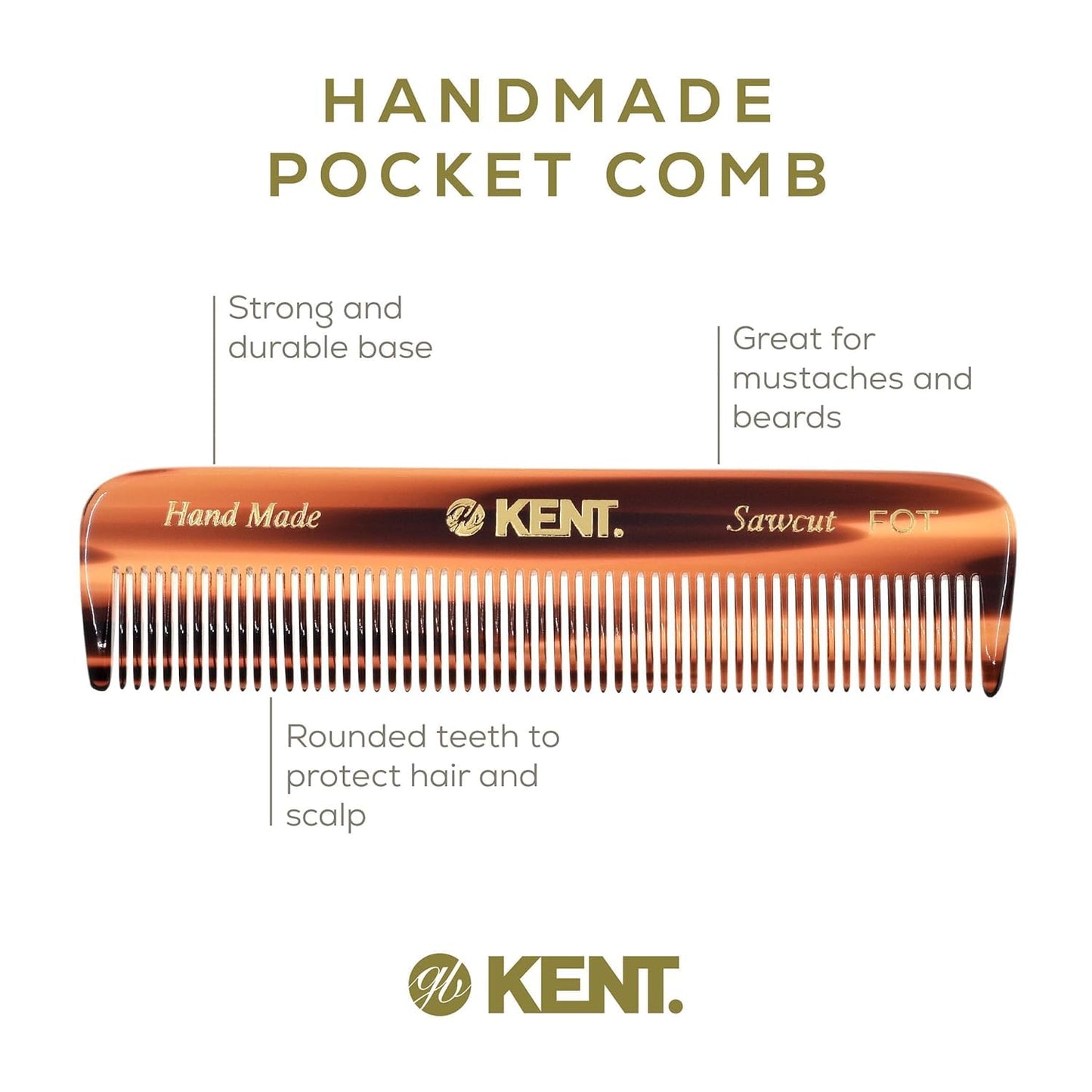 Kent A FOT Handmade Pocket Comb for Men, Women and Kids, All Fine Tooth Hair Comb Straightener for Everyday Grooming and Styling Hair, Beard and Mustache, Saw Cut and Hand Polished, Made in England