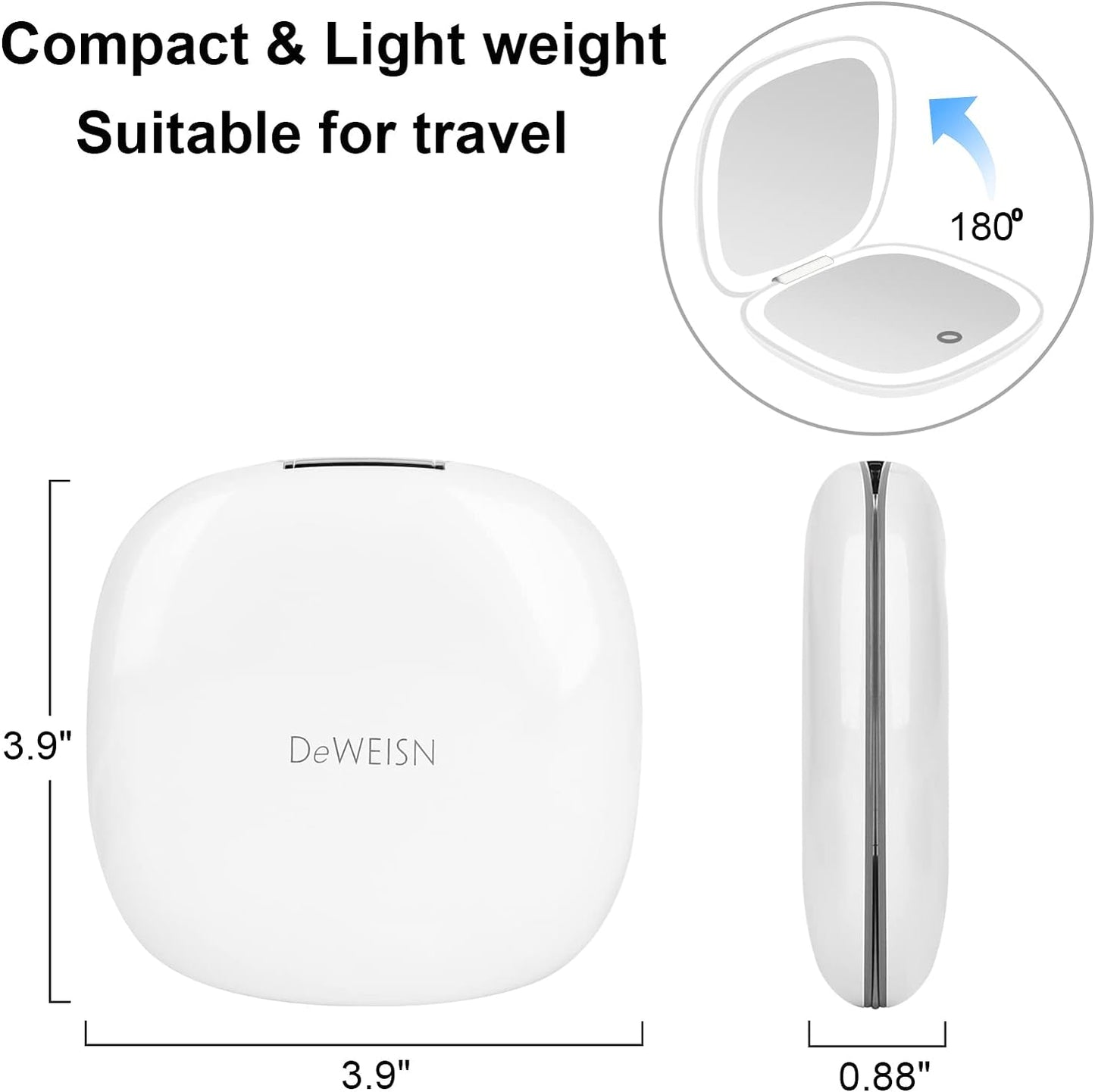 deweisn Compact Mirror, Lighted Travel Makeup Mirror with 1X/10X Magnifying Double Sided Dimmable Portable Pocket for Handbag and Pocket, USB Charging(White)