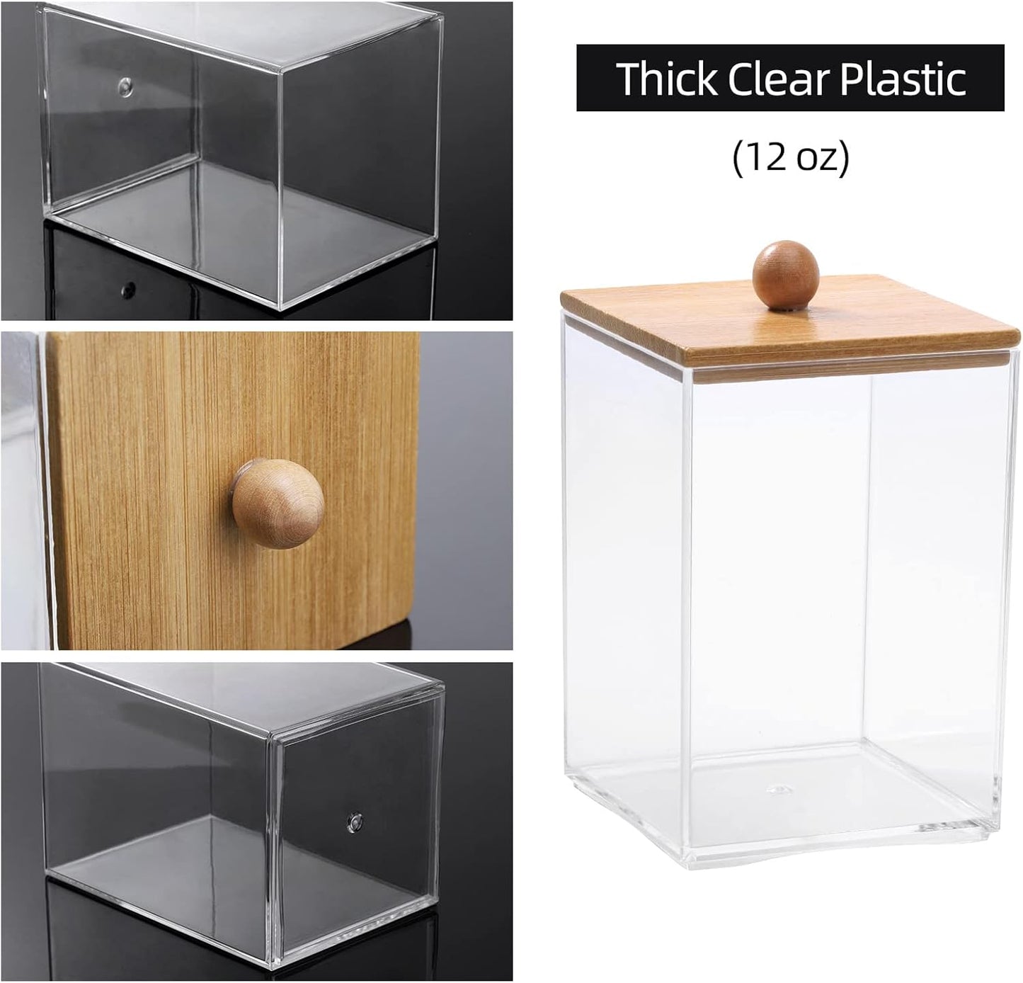Tbestmax 3 Pack Square Qtip Holder - 12 oz Bathroom Organizers and Storage Containers, Plastic Apothecary Jars with Bamboo Lids for Cotton Ball, Cotton Swab, Floss