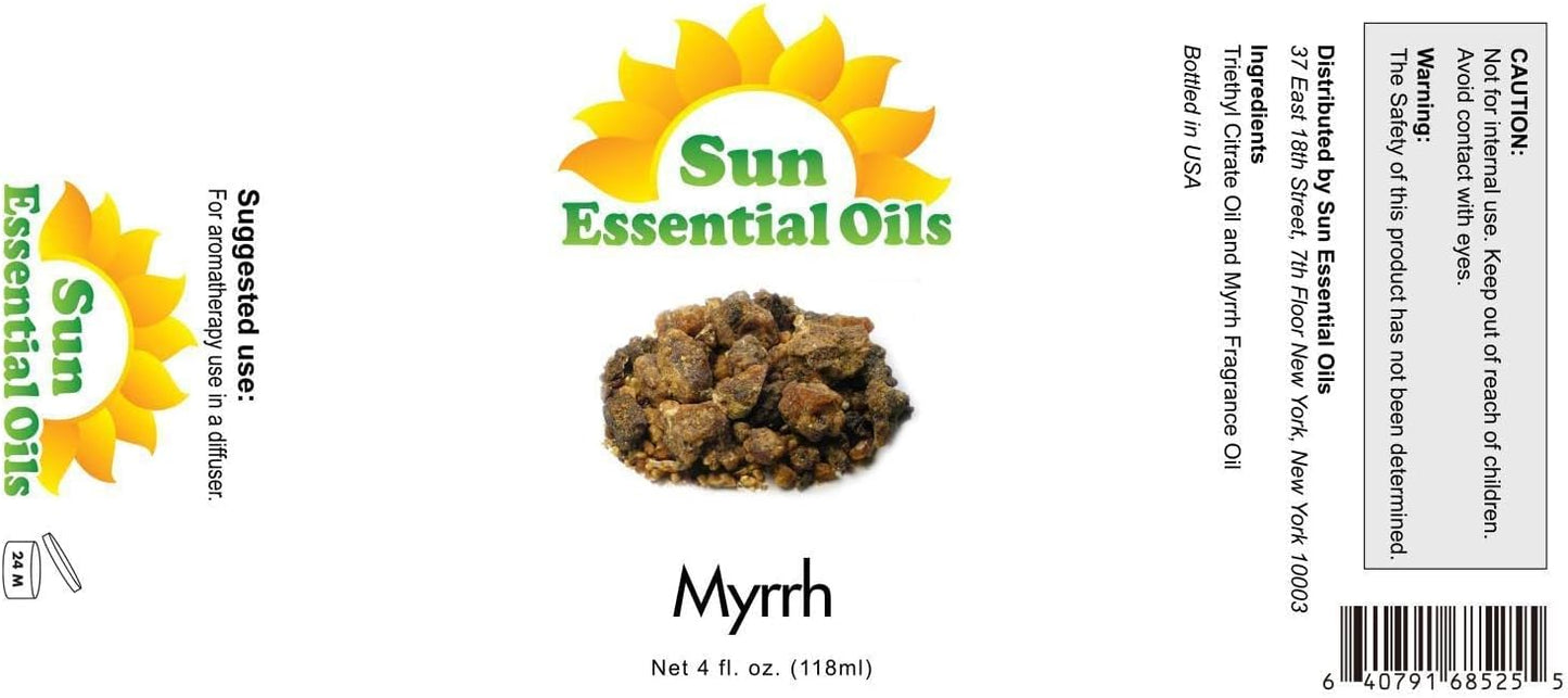 Sun Essential Oils - 4 oz Myhrr Essential Oil for Diffuser, Skin, Face, Hair & Aromatherapy Massage, Fragrance for Candle, Soap, Lotion & Shampoo Making at Home